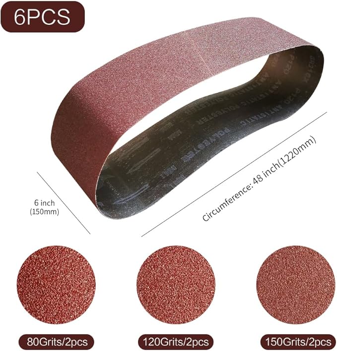 6 x 48 in 6x48 Sanding Belt Pack 6-Inch x 48-Inch,6 Pcs(2 Each of 80 120 150 Grits) Aluminum Oxide for Sander