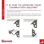 Starrett Steel Combination Square with Square Head - 11-3/4" Blade Length, Forged and Hardened Steel Heads, Reversible Lock Bolt, 36 Graduation Type - C33MEH-300