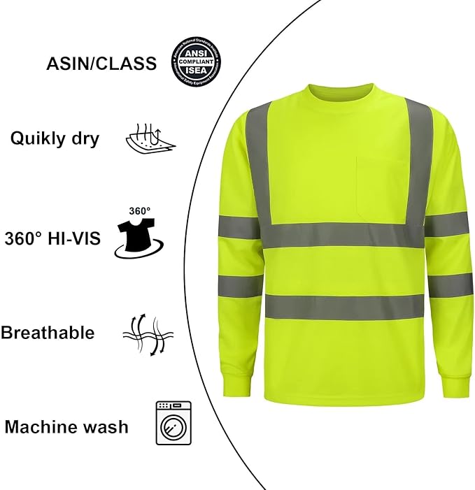High Visibilty Class 3 T Shirts, Hi vis Safety Shits with Refective Strips and Pocket, ong Sleeve Quick Dry Mesh Construction Work Shirt for Men/Women Lime,Large