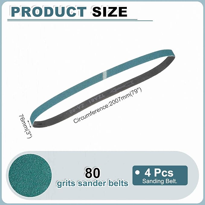 HARFINGTON 3 x 79 Inch Sanding Belts, 4 Pcs 80 Grit Zirconia Abrasive Belt Sander File Belt for Woodworking, Metal Polishing, Knife Sharpener
