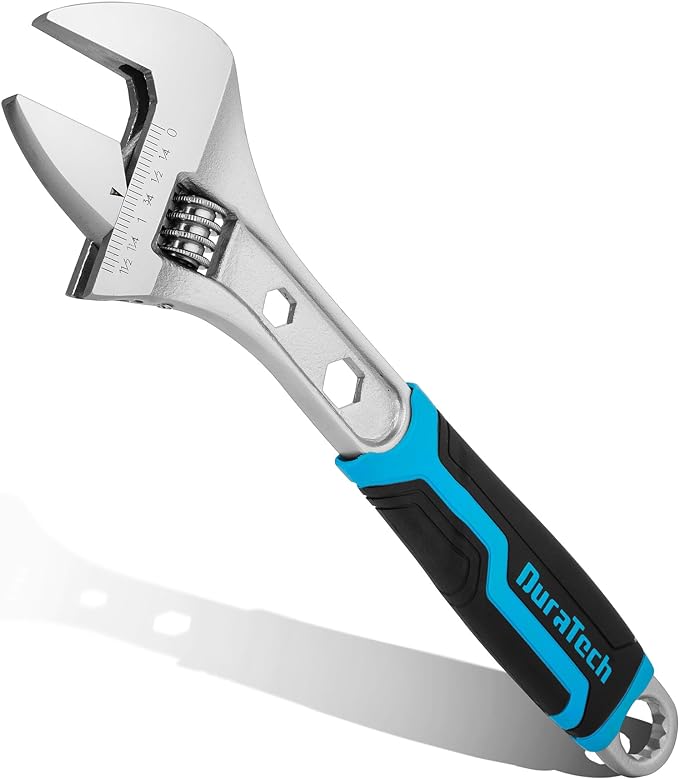 DURATECH 12 Inch Adjustable Wrench, 3-in-1 Spanner with Box End/Hex Function, CR-V Steel, Metric & SAE Scales, Chrome-plated, Bi-material soft Grip