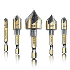 Countersink Drill Bit Set, 5pc, 1/4" Hex Shank, 82 Degree Countersink Holes for Screws to Sit Flush or Under The Surface of Metal Wood Plastic, Sizes 1/4, 3/8, 1/2, 5/8, 3/4 Inches with Storage Case
