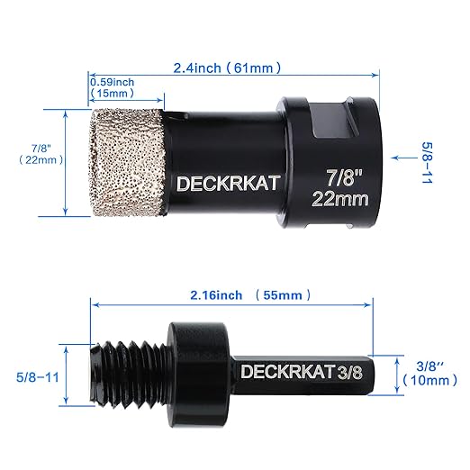 Diamond Core Drill Bit Vacuum Brazed 7/8" 22mm Diamond Hole Saw with Flutes for Granite Quartz Hard Porcelain Tile with 5/8-11 Female Thread & 3/8" Hex Shank Adapter Fit Angle Grinders & Drills