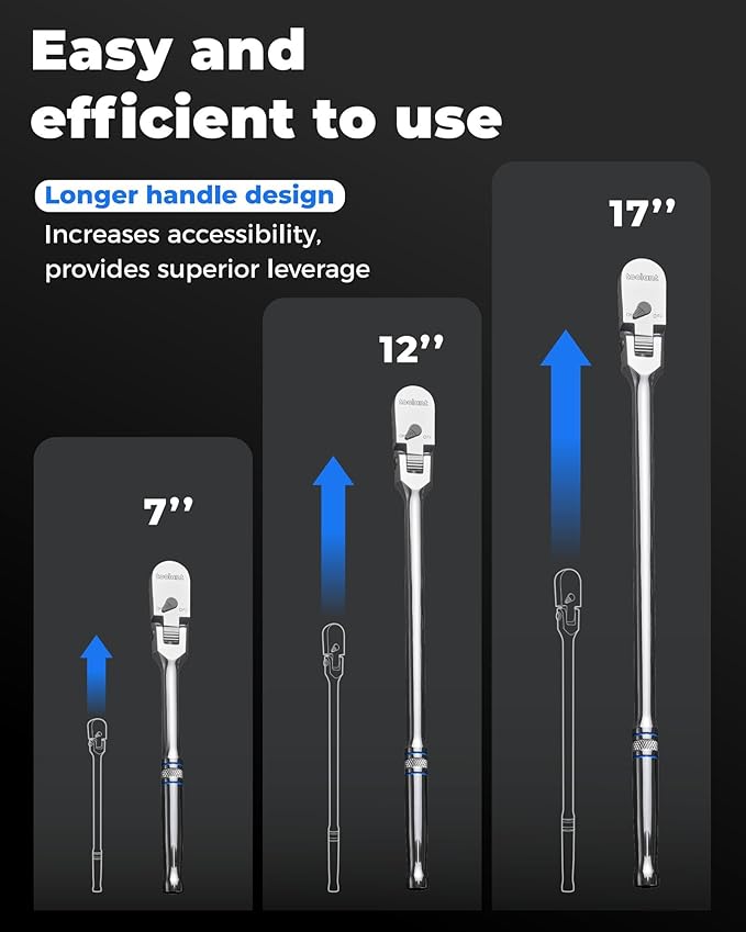 toolant 3/8" Drive Flex Head Ratchet Wrenches, 90 Tooth Compact Flex Head Socket Ratchet Wrench, 12 Inch Length