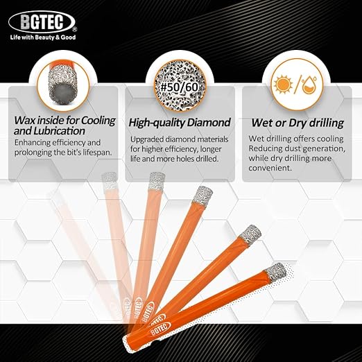 Dry Diamond Drill Bit Set,BGTEC 5pcs 5/16" 8mm Hole Saw for Granite,Marble,Masonry, Concrete, Tile/Ceramic, Glass, Hard Plastic,Vacuum Brazed Diamond Core Drill Bit Kit