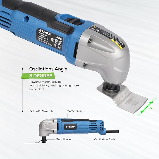 Oscillating Tool, 1.5A Oscillating Multi Tool with with 3° Oscillation Angle, 12 Piece Accessories Scraping, Grinding, Sanding, Cutting