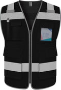TCCFCCT Mesh Reflective Safety Vest 5 Pockets High Visibility Safety Vest for Men Women, Work Vest with Horizontal Strip for Walkie-talkie, Durable and Fashion, Meets ANSI/ISEA Standards, Black, L
