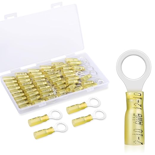 50 Pack Heat Shrink Ring Terminals - 3/8" - Yellow 12-10 AWG Marine Grade Heat Shrink Wire Connectors - Tinned Red Copper Eyelet Wire Connectors