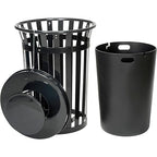 Global Industrial Heavy-Duty 36 Gallon Capacity Outdoor Metal Slatted Trash Receptacle with Rain Bonnet Lid & Plastic Liner, Black, Commercial & Industrial Trash Can