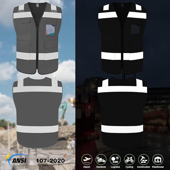 TCCFCCT Safety Vest for Men Women 5 Pockets Reflective Vest with Reinforced Zipper, High Visibility Construction Work Vest with Tabs for Walkie-talkie, Durable to Use, Meets ANSI/ISEA, Grey, XXL