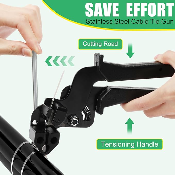 Heavy Duty Stainless Steel Cable Tie Gun Kit with 200PCS 11.8 Inch Self-Locking Metal Zip Ties, Adjustable Tension Cutting Tool for Garden Fence Repair, Automotive & Outdoor Projects (11.8'')