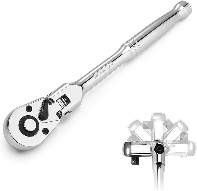 WORKPRO 3/8" Drive 72-Tooth Flex Head Ratchet with Chromium Plating Quick Release Reversible Design, 5 Degree Swing