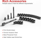 Impact Socket Set, 33-Piece, 3/8" Drive Socket Set with 72 Teeth Reversible Ratchet Wrench, CR-V, 6 Point, SAE/Metric, 5/16 Inch - 7/8 Inch, 6mm - 24mm, Mechanic Tool Kits for Men