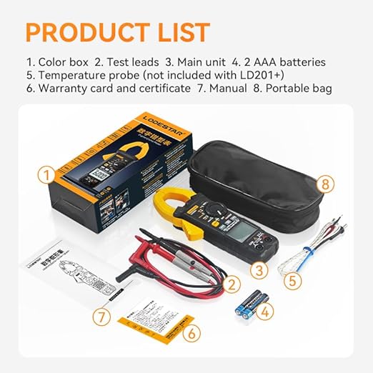 Digital Clamp Meter Multimeter 2000 Counts Voltage Tester with Auto-Range, AC/DC Voltage, AC Current, Resistance, Continuity Diode, Live Wire Test, NCV, True RMS clamp Meter AC Current Meter LD201+
