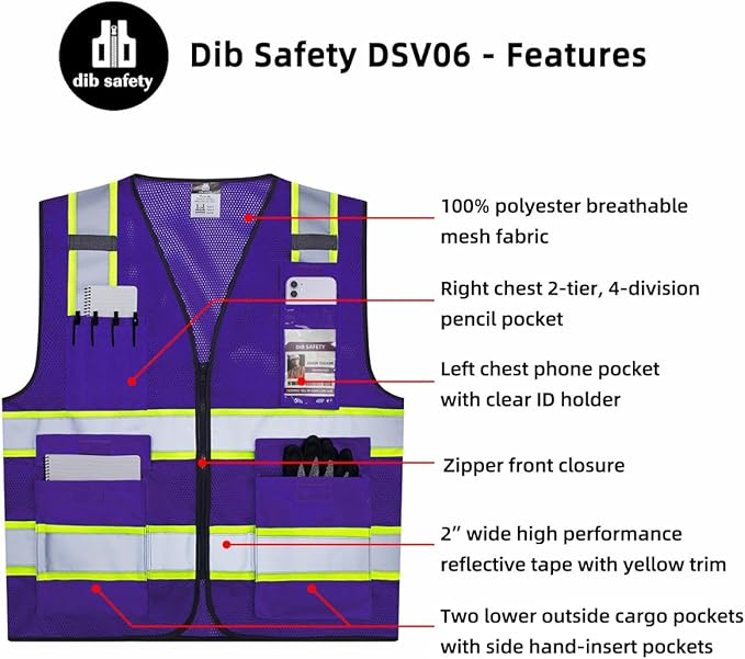 Dib Safety Reflective Mesh Vest High Visibility Two Tone with Pockets and Zipper, Purple Mesh with Yellow Trim 4XL
