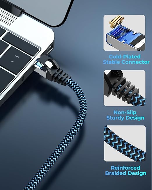 Cat8 Ethernet Cable 3 ft 1 Pack, High Speed 40Gbps 2000MHz, Braided, Blue, Compatible with Router, Modem, Laptop, PC, Gaming