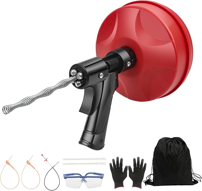 35FT Drain Snake with Drill Attachment, Auto/Manual Plumbing Snake for Kitchen Sink, Shower Clogs, Includes Gloves & Storage Bag