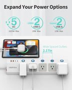 Flat Plug Power Strip with Individual Switches, 10 Ft Ultra Thin Flat Extension Cord, 5-Outlet Surge Protector with 2 USB-C (20W PD) & 2 USB-A, 1700 Joules, Wall Mount for Home Office, White