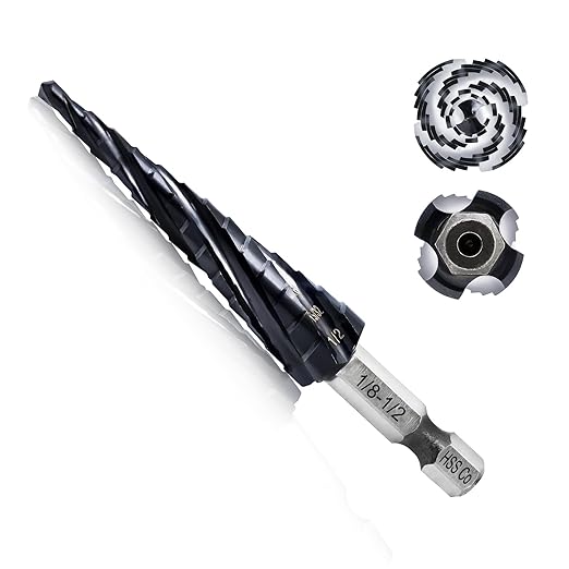 Cobalt Step Drill Bit - 1/8"-1/2" Four Spiral Flute Cobalt Step Drill Bit M35 with Impact Ready Unibit for Stainless Steel Metal Aluminium Copper Wood Plastic