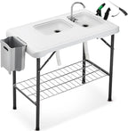Folding Fish Cleaning Table Portable Camping Double Sinks Table w/2 Dual Water Basins, Faucet Drainage Hose & Sprayer Outdoor Fish Fillet Cleaning Station w/Knife, Storage Box,Black