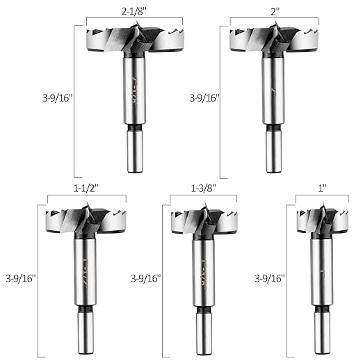 HPHOPE Forstner Bit Set 5Pcs - Forstner Bits for Wood, Wood Drilling with Round Shank, Drill Accessories, Size 1", 1-3/8", 1-1/2", 2", 2-1/8" with Storage Case