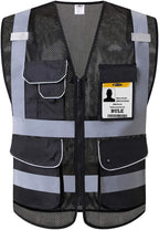 JKSafety 9 Pockets High Visibility Zipper Front Safety Vest With Reflective Strips,HQ Breathable Mesh, Oxford Fabric for pocket materials. Black Meets ANSI/ISEA Standards (XX-Large, 110-Black)