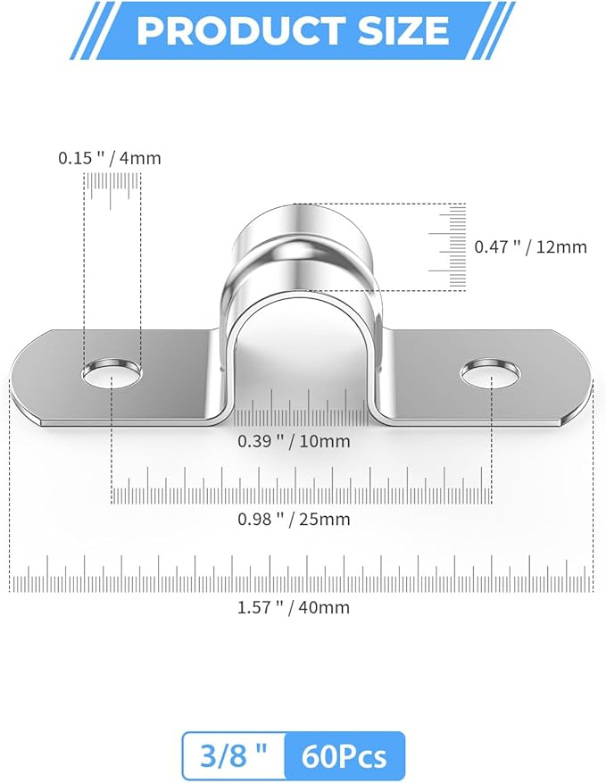 60Pcs 3/8 Inch (10mm) 304 Stainless Steel Conduit Clamps, U-Tube Strap Pipe Clamp 2 Hole Strap U Bracket Rigid Pipe Strap Clamps Metal Conduit Strap Tension Clips U-tube Clamp