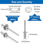 smseace 200Pcs1/8"x1/4" Pop Rivets with Washer Assortment Kit 3.2x6.4mm Pop Rivets and 1/8" 304 Stainless Steel Backup Washers Aluminum Rivets kit for Metal/Furniture/Automotive/Instruments