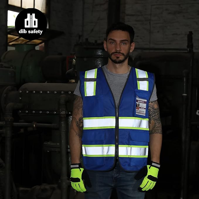 Dib Safety Reflective Mesh Vest High Visibility Two Tone with Pockets and Zipper, Blue Mesh with Yellow Trim 2X