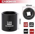 CASOMAN 1/2" Drive x 1-3/16" Impact Socket, 6-Point, SAE, CR-MO