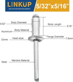 Linkup 270pcs pack 5/32" x 5/16" Pop blind Rivets, 4mm x 8mm pop rivets,Aluminum Body Steel Mandrel Rivets (Sliver),Dome Head aluminum short rivet