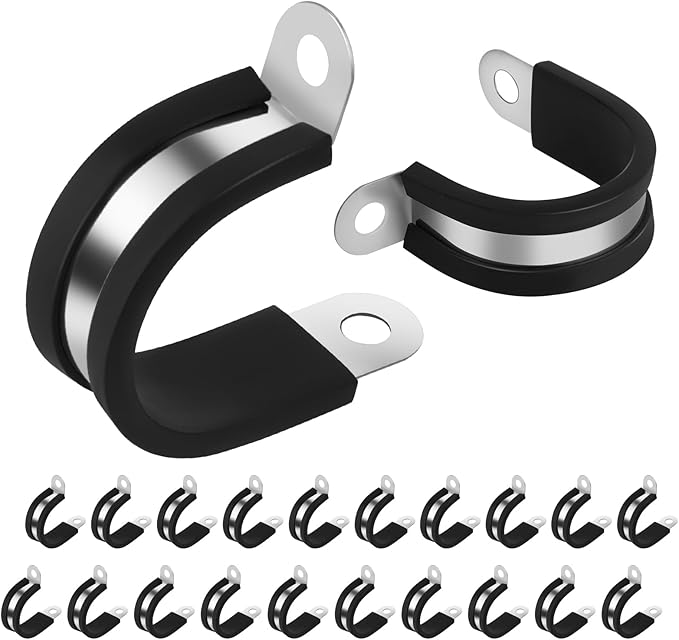 20 Pcs 1/4 Inch 304 Stainless Steel Cable Clamp, Rubber Cushioned Insulated Clamp, Conduits Pipe Strap Clamps for Pipe Fixing on Various Surfaces