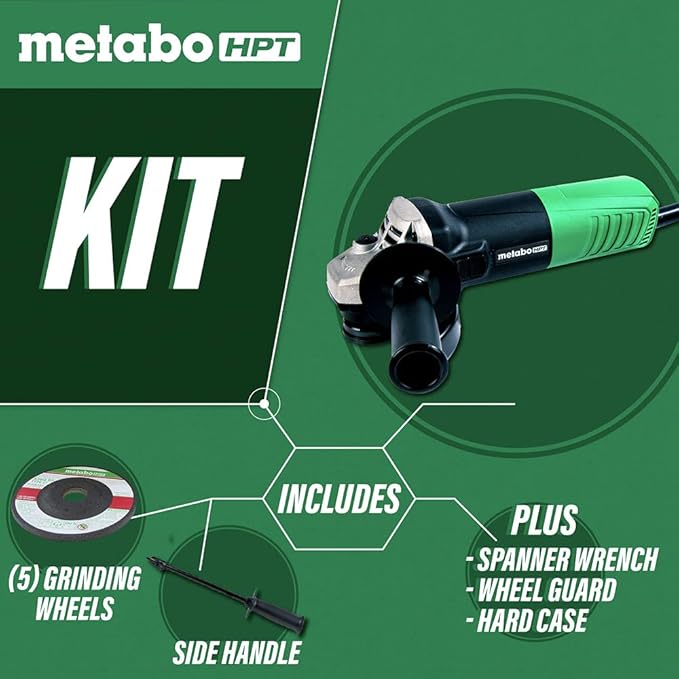 Metabo HPT 4-1/2-Inch Angle Grinder, Includes 5 Grinding Wheels & Hard Case, 6.2-Amp Motor, Compact & Lightweight, G12SR4