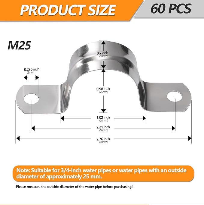 60PCS M25 Stainless Pipe Strap, 1 Inch Stainless Steel Conduit Clamps, 2 Hole Strap U Bracket Rigid Pipe Strap Metal U Clamp Conduit Strap Tension Clips U-tube Pipe Clamps（25mm）