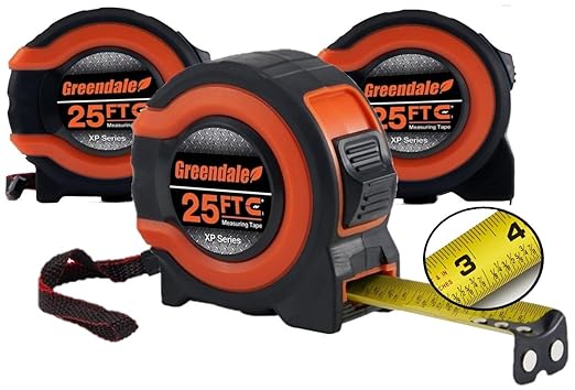 Greendale - 3 Pack - Tape Measures 25 ft - Easy to Read Fractions to 1/8th inch - Magnetic Tip - Thumb and Quick Lock - Autowind - Belt Clip - Measuring Tapes Retractable - Red/Orange