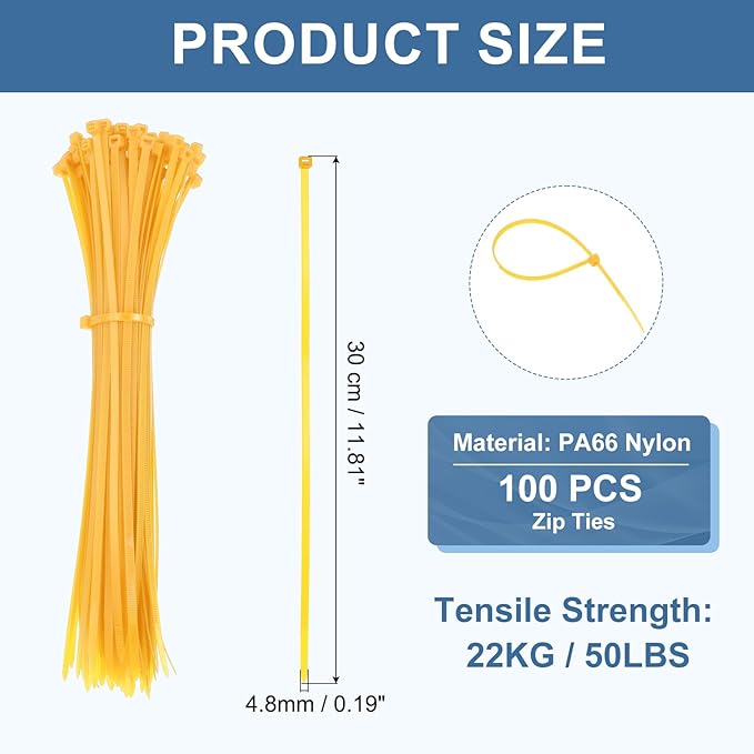 PATIKIL Cable Zip Ties 12 Inch, 100 Pcs Self-Locking Nylon Wire Tie Wraps Heavy Duty Cord Management with 50 lbs Tensile Strength for Indoor and Outdoor, Yellow (0.2" W)