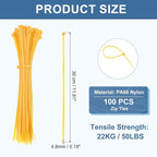 PATIKIL Cable Zip Ties 12 Inch, 100 Pcs Self-Locking Nylon Wire Tie Wraps Heavy Duty Cord Management with 50 lbs Tensile Strength for Indoor and Outdoor, Yellow (0.2" W)