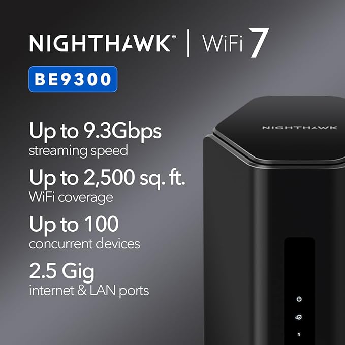 NETGEAR Nighthawk WiFi 7 Router (BE9300) – Security Features, 9.3Gbps Wireless Speed, 2.5 Gigabit Internet Port, Tri-Band Gaming Router, Covers 2,500 sq. ft., 100 Devices, Built-in VPN, USB 3.0