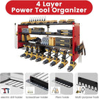 4 Layers Power Tool Organizer Wall Mount with Power Strip, Heavy Duty Metal Shelf, 400lbs Capacity for Cordless Drills, Batteries & Garage Storage (8 Slots with 8 Outlets Power Strip)