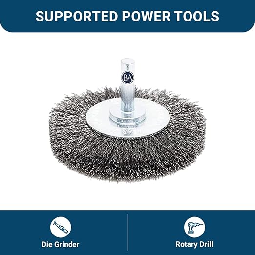 Benchmark Abrasives 3" Mounted Crimped Wire Wheel for Cleaning deburring on Cast Iron, Steel, Titanium, Nickel, 1/4" Shank for Rotary Tools (5 Pack) - Carbon Steel