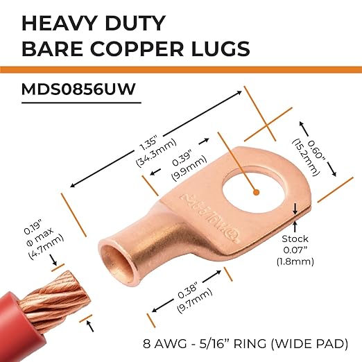 SELTERM 10pcs 8 AWG - 5/16" Stud (Wide Pad) - Battery Lugs, Heavy Duty Wire Lugs, Ring Terminals, Battery Cable Ends,8 Gauge Terminals, UL Bare Copper Eyelets Electrical Battery Terminal Connectors