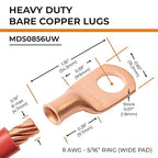 SELTERM 10pcs 8 AWG - 5/16" Stud (Wide Pad) - Battery Lugs, Heavy Duty Wire Lugs, Ring Terminals, Battery Cable Ends,8 Gauge Terminals, UL Bare Copper Eyelets Electrical Battery Terminal Connectors