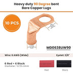 SELTERM 10pcs - 6 AWG 3/8" (Wide Pad) Stud 90° Bent Battery Lugs - Ring Terminal Connectors with 12pcs 3:1 Black & Red 1/2" Heat Shrink Tubing - Heavy Duty Cable Ends - Bare Copper Wire Connectors Kit