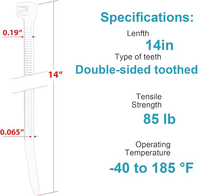 14 Inch Zip Ties Double Sided Toothed (Bulk 1000 Pack),85 LBS Tensile Strength Heavy Duty Cable Wire Ties With Self-Locking Adjustable More Durable Nylon Tie Wraps for Indoor Outdoor