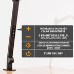 LED Desk Lamp with Clamp, Architect Desk Lamp with Dual Light & Adjustable Flexible Swing Arm, 5 Color Mode & Brightness, Eye Caring Table Light with Memory Function for Home Office Painting Drafting