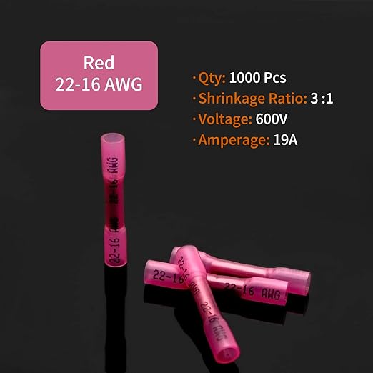 1000Pcs Red Waterproof Heat Shrink Butt Connectors for Marine, Automotive and Electrical Repair Trailer Wiring - Includes Butt Splice and Crimp Connectors for Wire