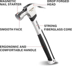 HAUTMEC 16 oz Claw Hammer, Drop Forged Claw Hammers with Magnetic Nail Holder and Firberglass Handle, Curved Jaw of Nail Puller, Smooth Face, HTMAM25003