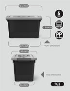 WYT 7 Quart Storage Bins with Lids and Latch, 6-Pack Stackable Plastic Organizing Box with Buckle and Handle, Durable Nestable Totes Containers (Black/Grey)