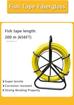 Fish Tape Fiberglass 6mm 656ft Duct Rodder Fish Tape Pulling Tool fish tape wire puller Cable Running Rod with Steel Reel Stand 【6mm*200m】
