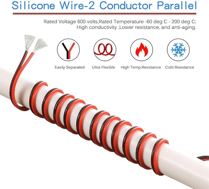 BNTECHGO 14 Gauge Flexible 2 Conductor Parallel Silicone Wire Spool Red Black High Resistant 200 deg C 600V for Single Color LED Strip Extension Cable Cord,Model,20ft Stranded Tinned Copper Wire